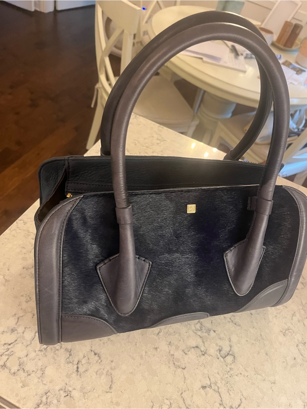 Navy Pony Hair and Leather Satchel Handbag